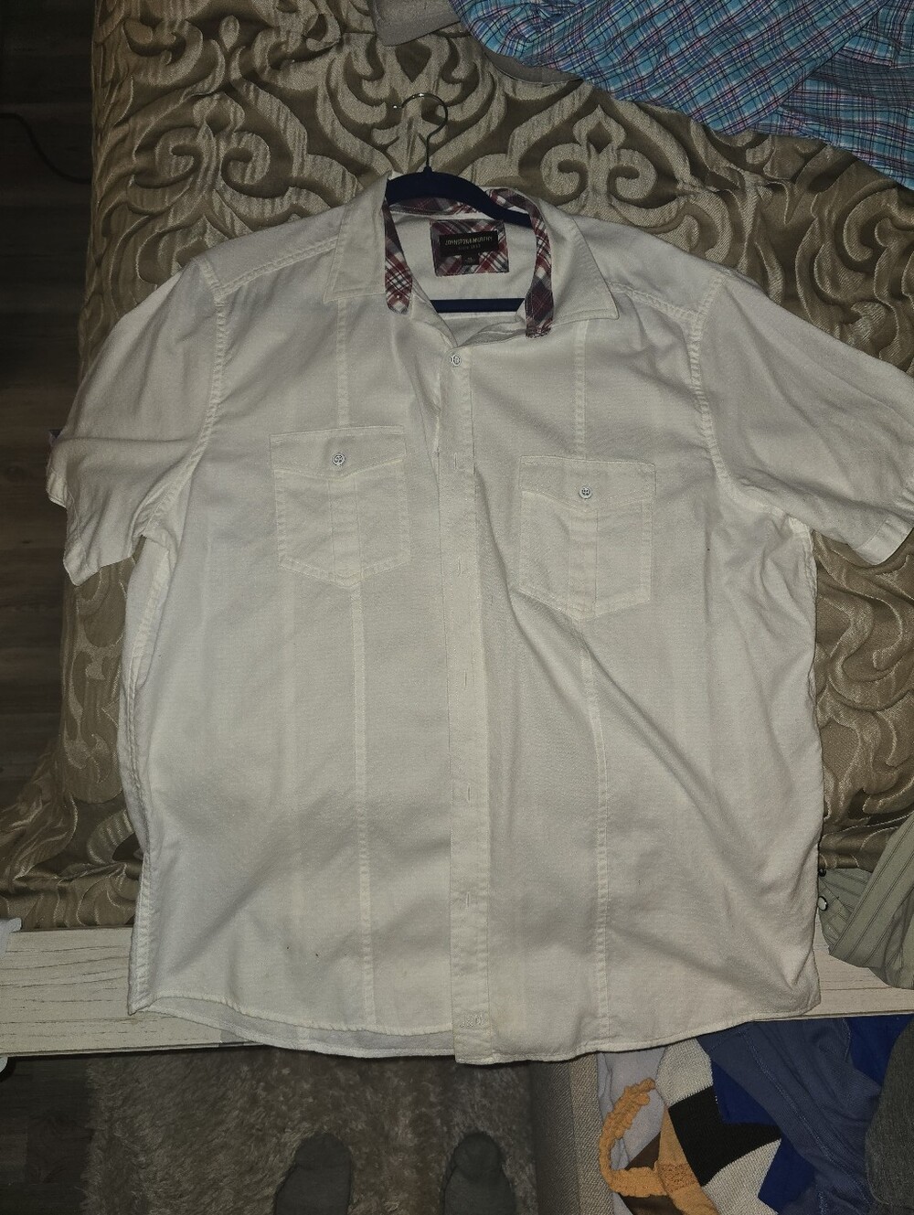 Men's JOHNSTON&MURHY Short-Sleeve Cream Button-Down Shirt with Plaid Collar->NEW
